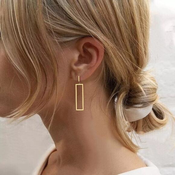 SOLD Gold Rectangular Geometric Drop Dangle Earrings - Picture 3 of 7